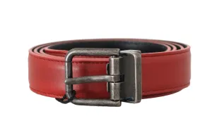 Red Leather Gray Brushed Buckle Mens Belt
