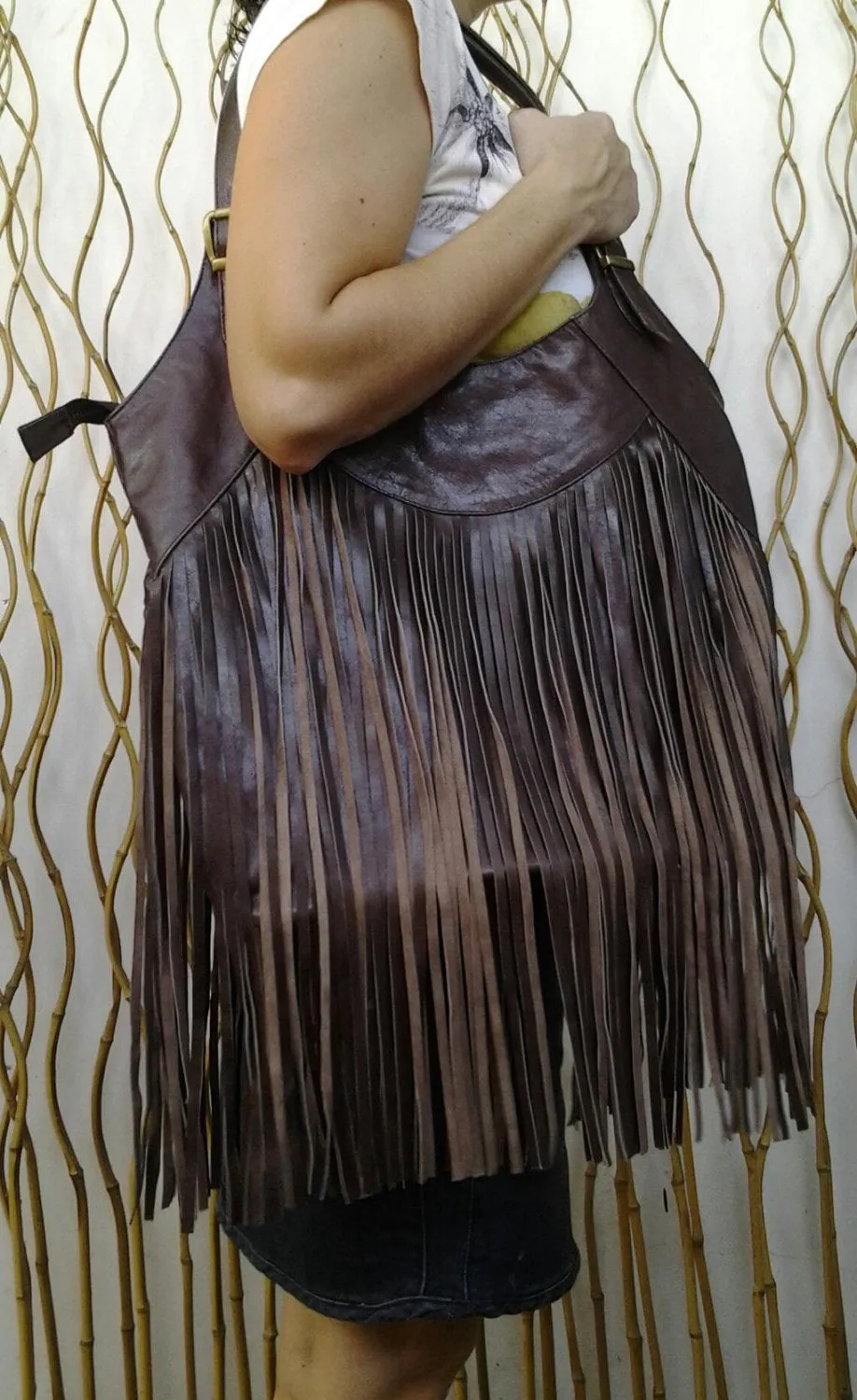 REDUCED PRICE!!! Big Fringe Dark Brown Leather Bag / Boho Chic