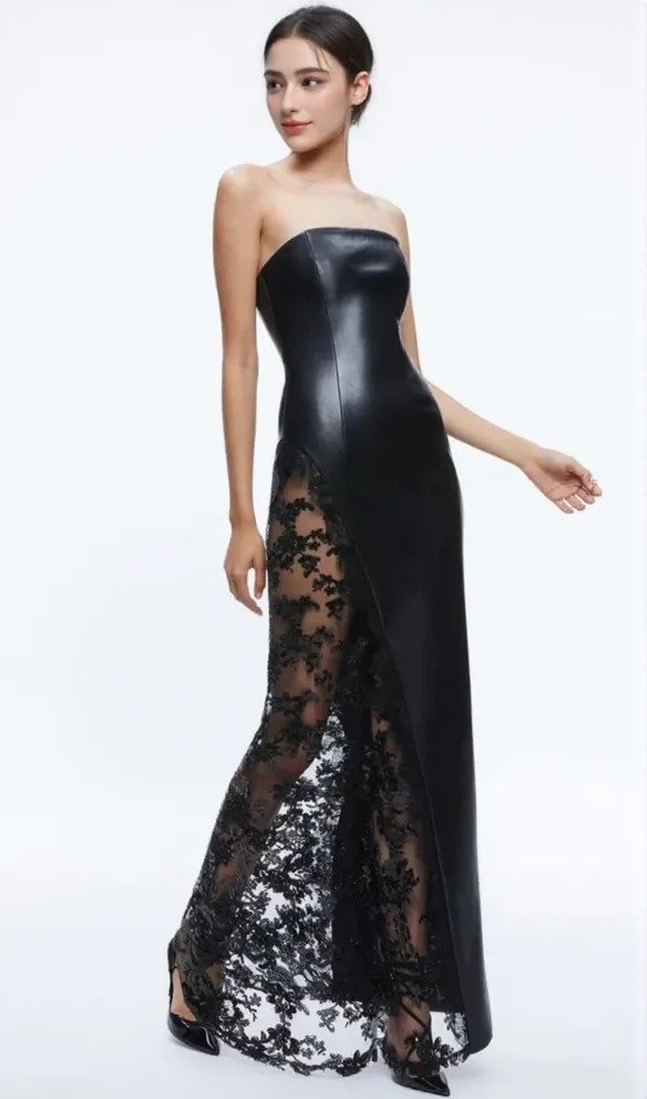Retha Faux Leather Lace Maxi Dress in black