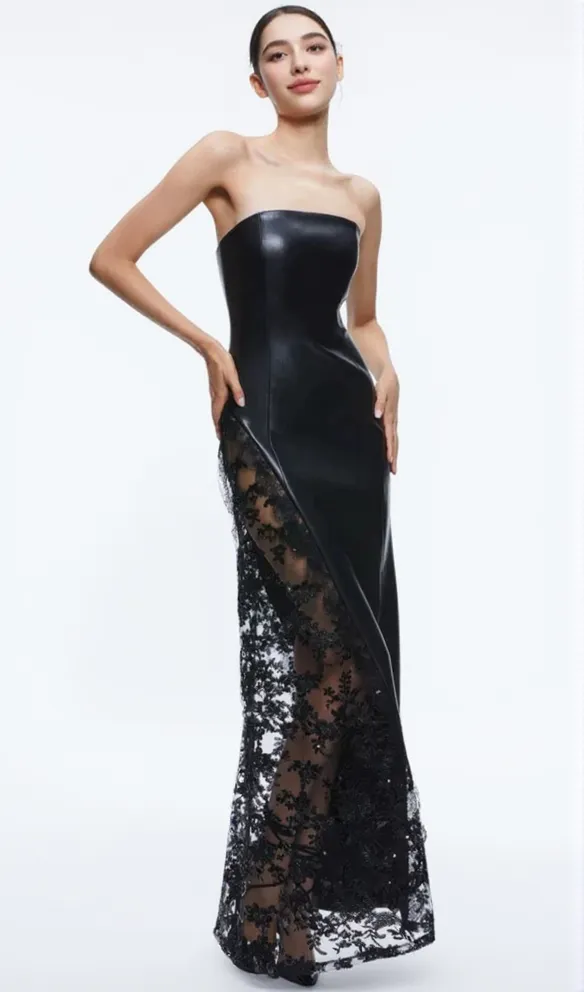 Retha Faux Leather Lace Maxi Dress in black