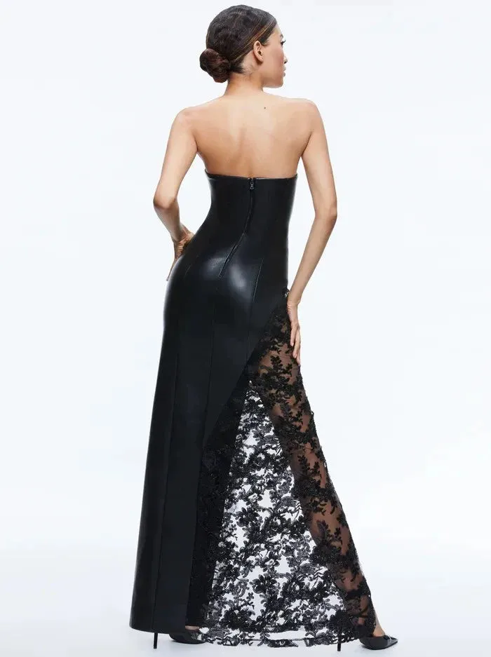 Retha Faux Leather Lace Maxi Dress in black