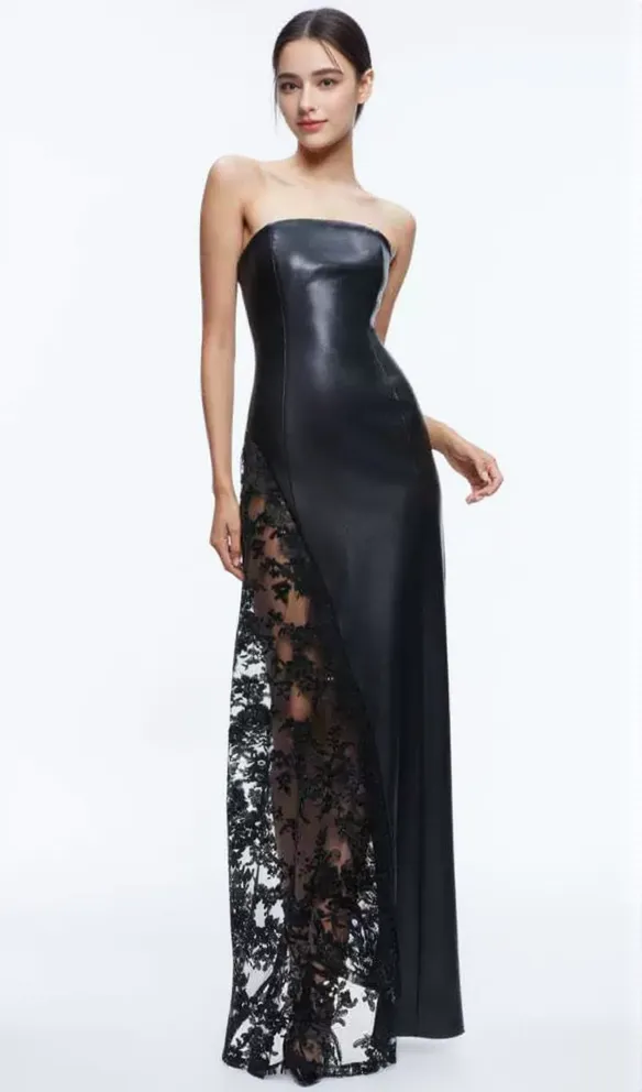 Retha Faux Leather Lace Maxi Dress in black