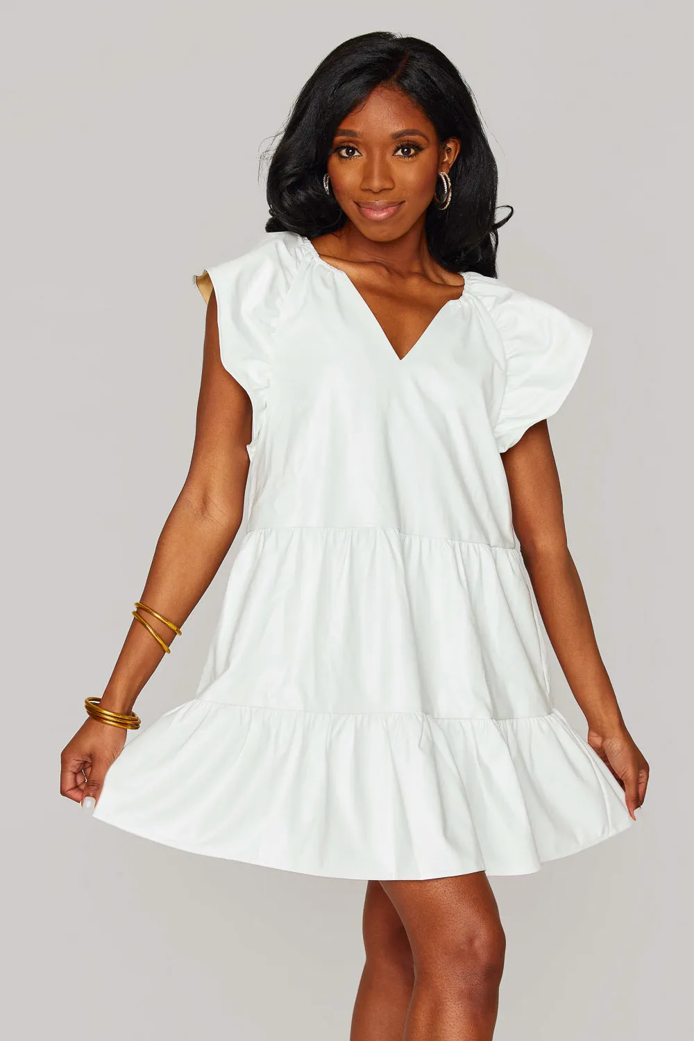 Ronnie Ruffle Sleeve Dress White