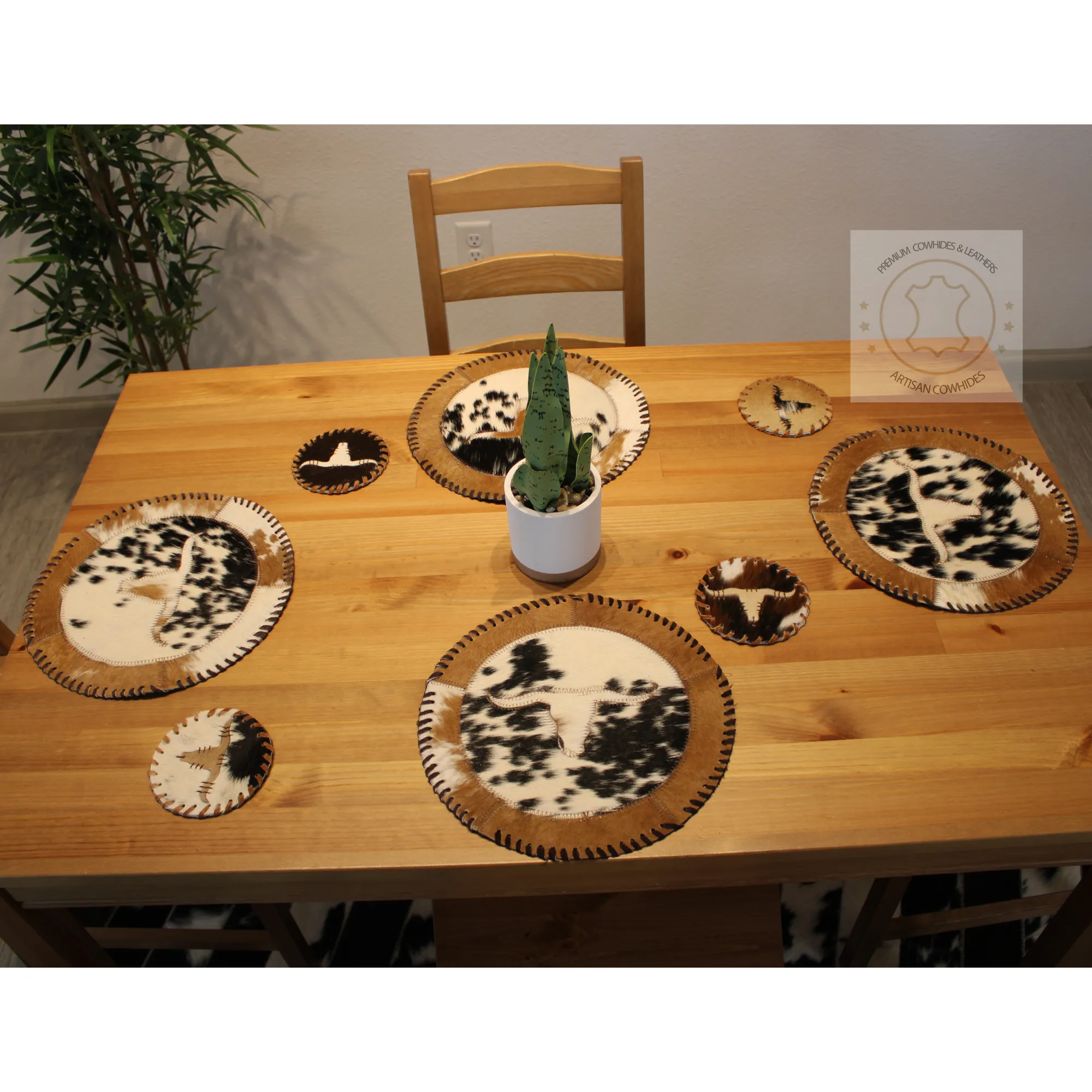 Round Brindle Cowhide Placemats -  16 inches diameter  - Single or set of two and four mats