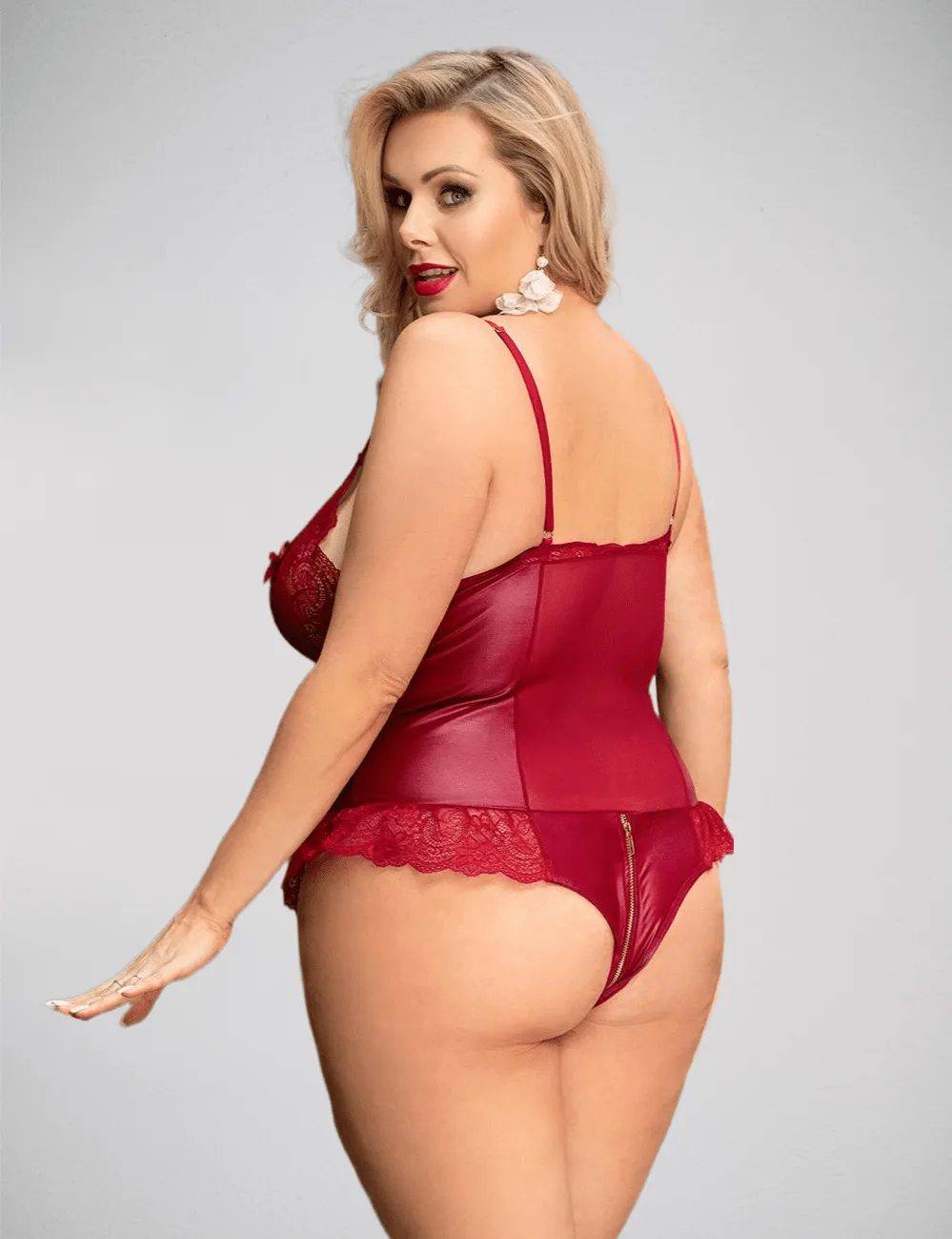 Scandals Sexy Lace Leather Stitching Zipper Teddy