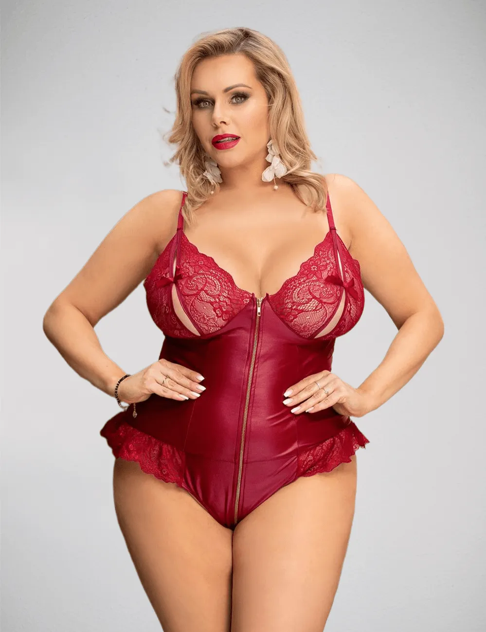 Scandals Sexy Lace Leather Stitching Zipper Teddy