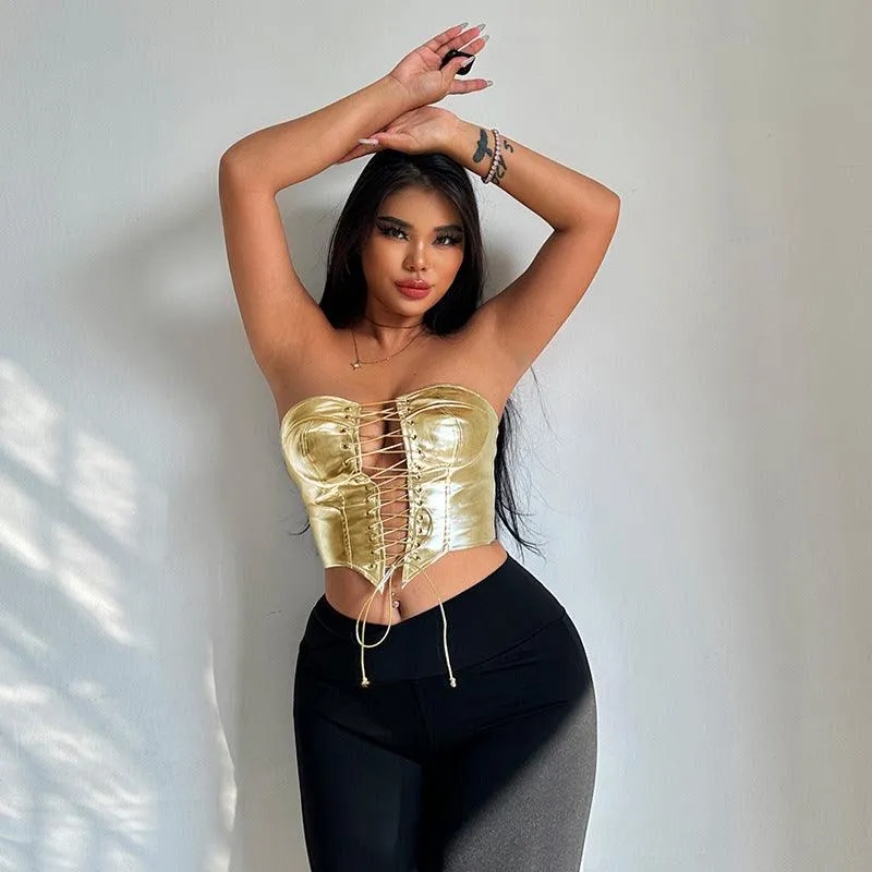 Shiny Corset Bustier PU Leather Crown Girdle 