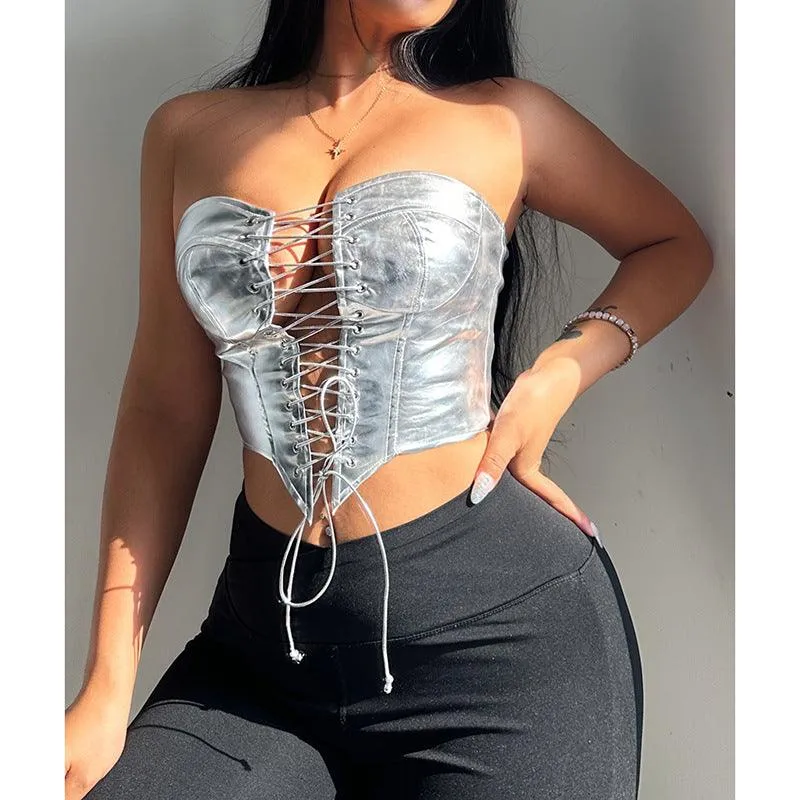 Shiny Corset Bustier PU Leather Crown Girdle 