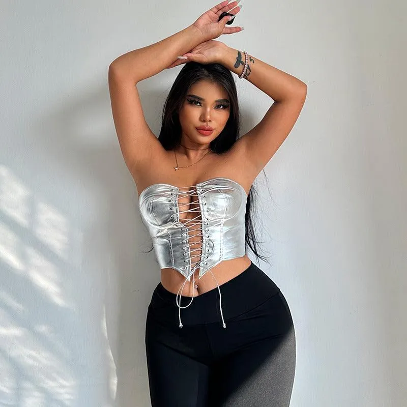 Shiny Corset Bustier PU Leather Crown Girdle 