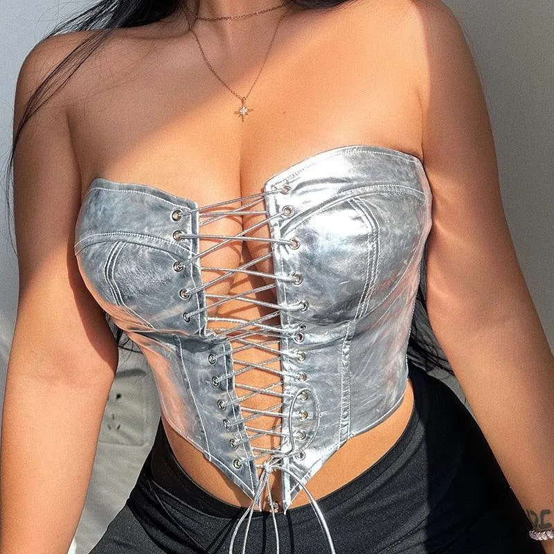 Shiny Corset Bustier PU Leather Crown Girdle 