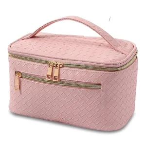 StitchesandTweed Travel Cosmetic Bag, Large Capacity Vegan Leather Travel Make Up Bag, Cosmetic Storage Bag with Carrying Handle - Rose Tyrien