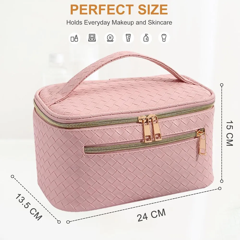 StitchesandTweed Travel Cosmetic Bag, Large Capacity Vegan Leather Travel Make Up Bag, Cosmetic Storage Bag with Carrying Handle - Rose Tyrien