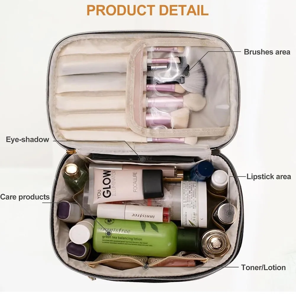 StitchesandTweed Travel Cosmetic Bag, Large Capacity Vegan Leather Travel Make Up Bag, Cosmetic Storage Bag with Carrying Handle - Rose Tyrien