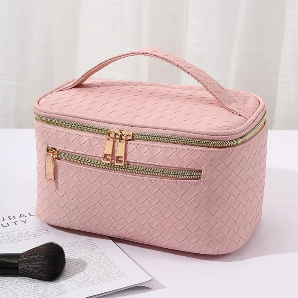StitchesandTweed Travel Cosmetic Bag, Large Capacity Vegan Leather Travel Make Up Bag, Cosmetic Storage Bag with Carrying Handle - Rose Tyrien