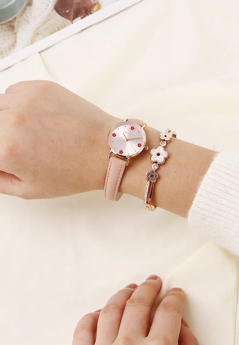 Susy Rose Gold Leather Watch with Bangle Set (Nude)