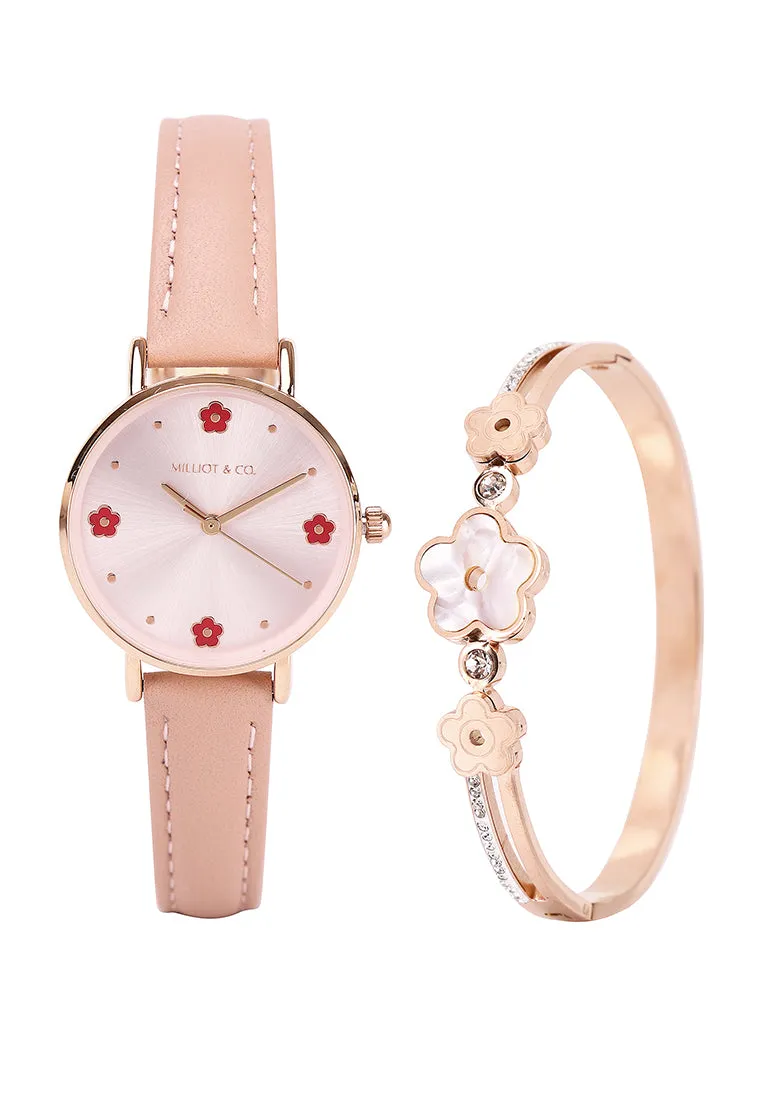 Susy Rose Gold Leather Watch with Bangle Set (Nude)