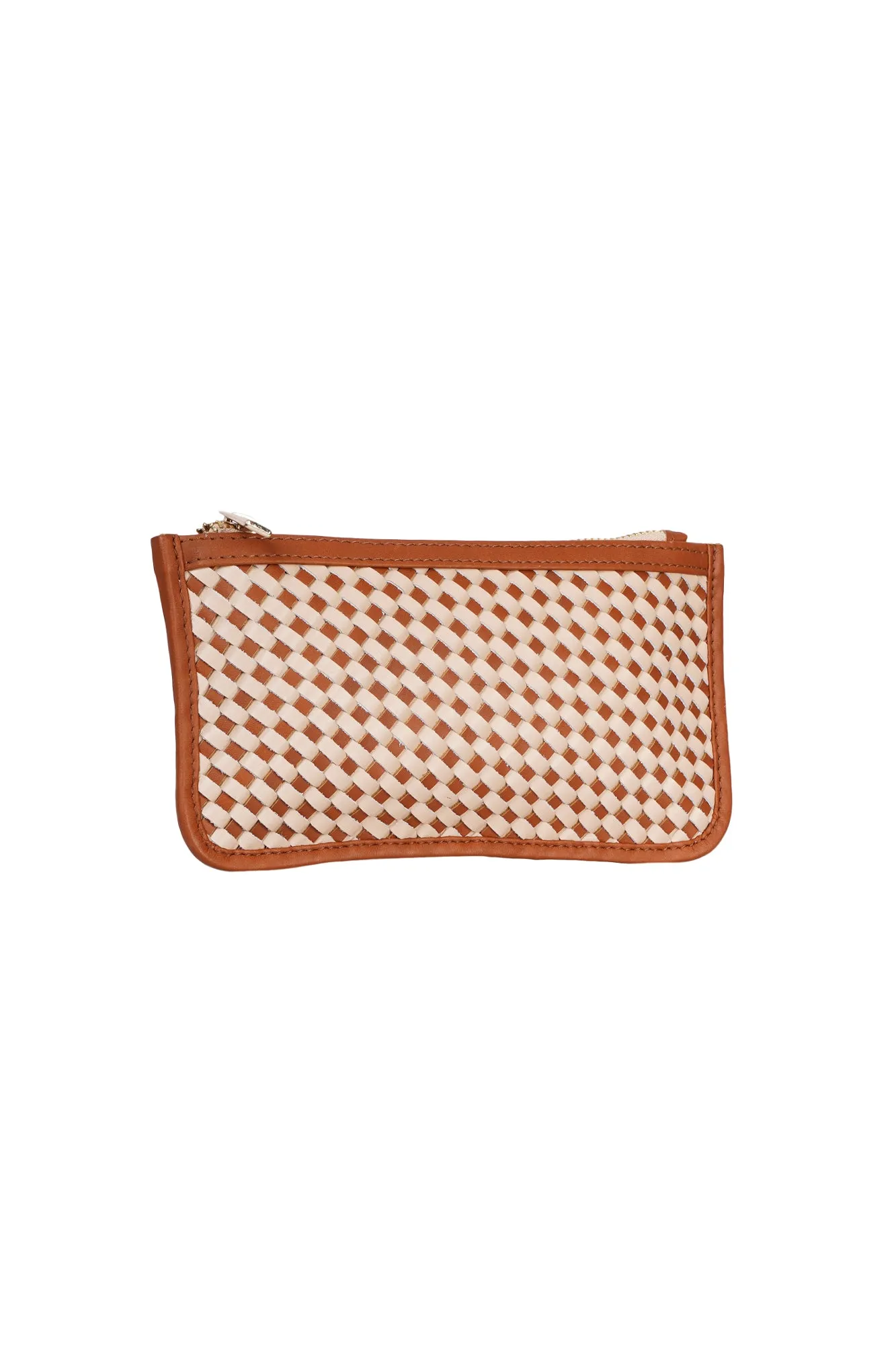 Tan & Cream Leather Woven Small Pouch
