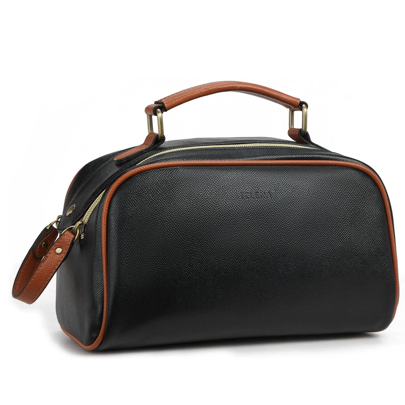 Telena Travel Toiletry Bag Makeup Cosmetic Bags for Women Waterproof PU Leather Toiletry Organizer Portable Large Capacity Black with Brown