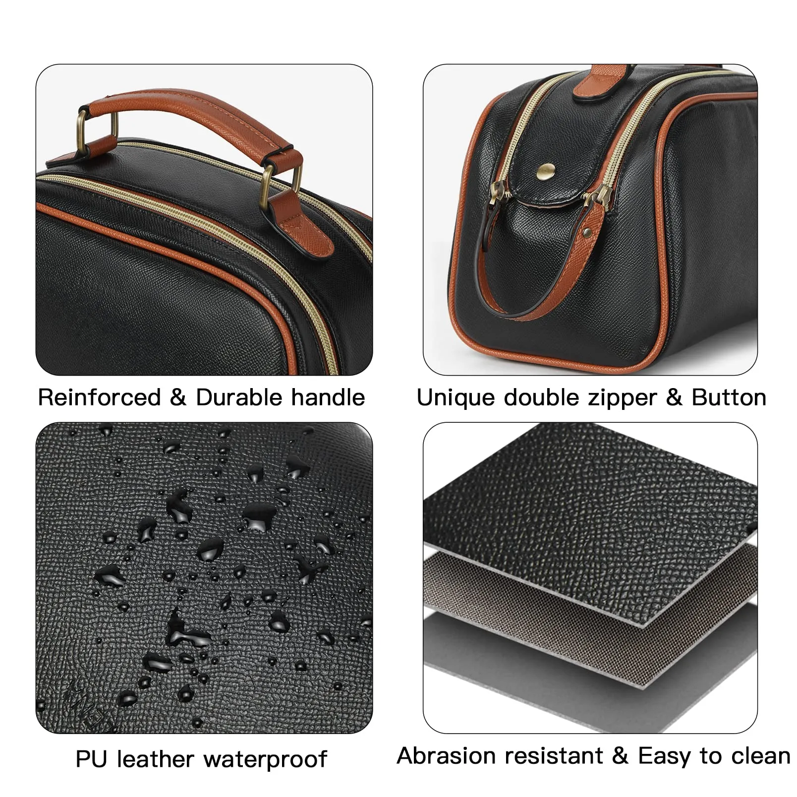Telena Travel Toiletry Bag Makeup Cosmetic Bags for Women Waterproof PU Leather Toiletry Organizer Portable Large Capacity Black with Brown