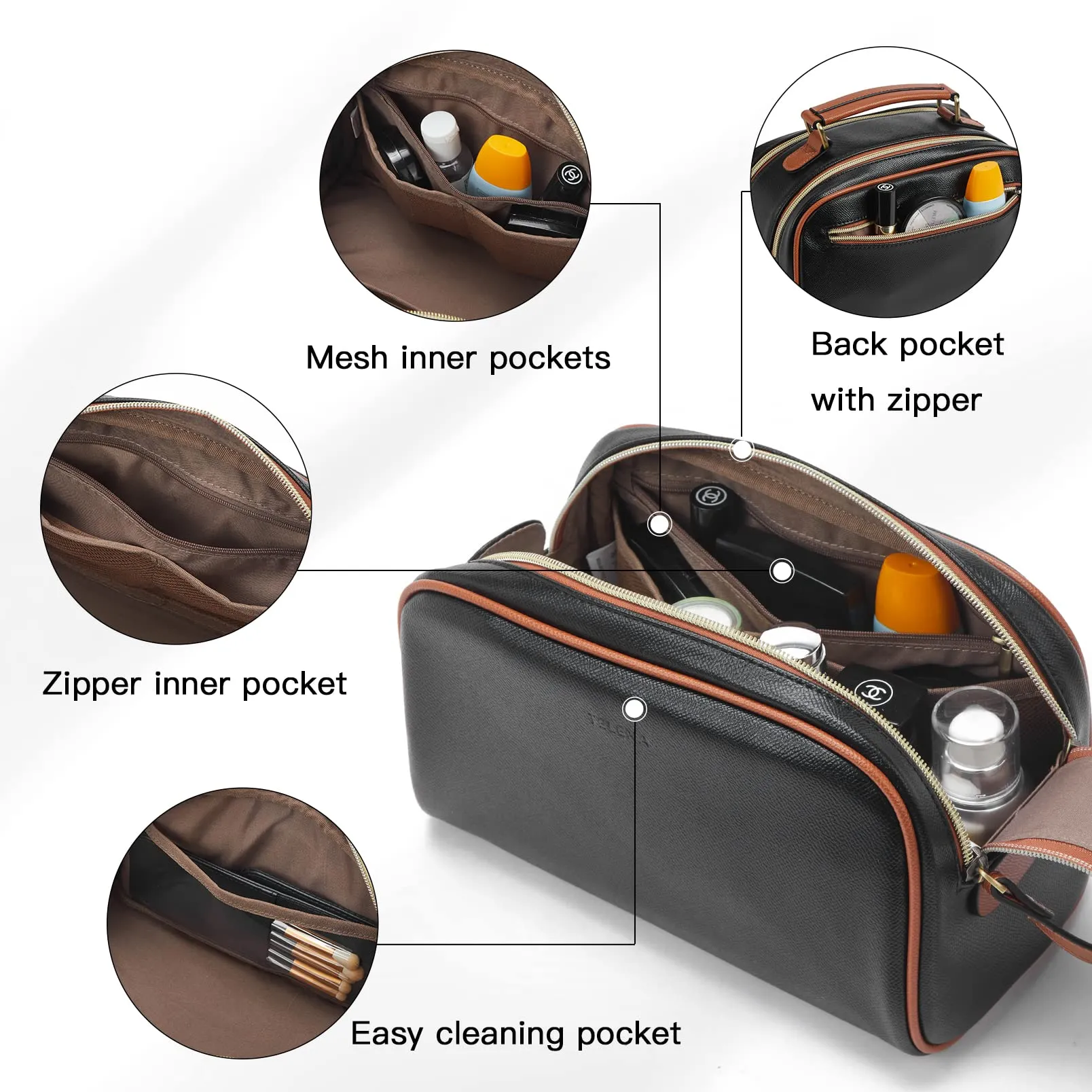 Telena Travel Toiletry Bag Makeup Cosmetic Bags for Women Waterproof PU Leather Toiletry Organizer Portable Large Capacity Black with Brown