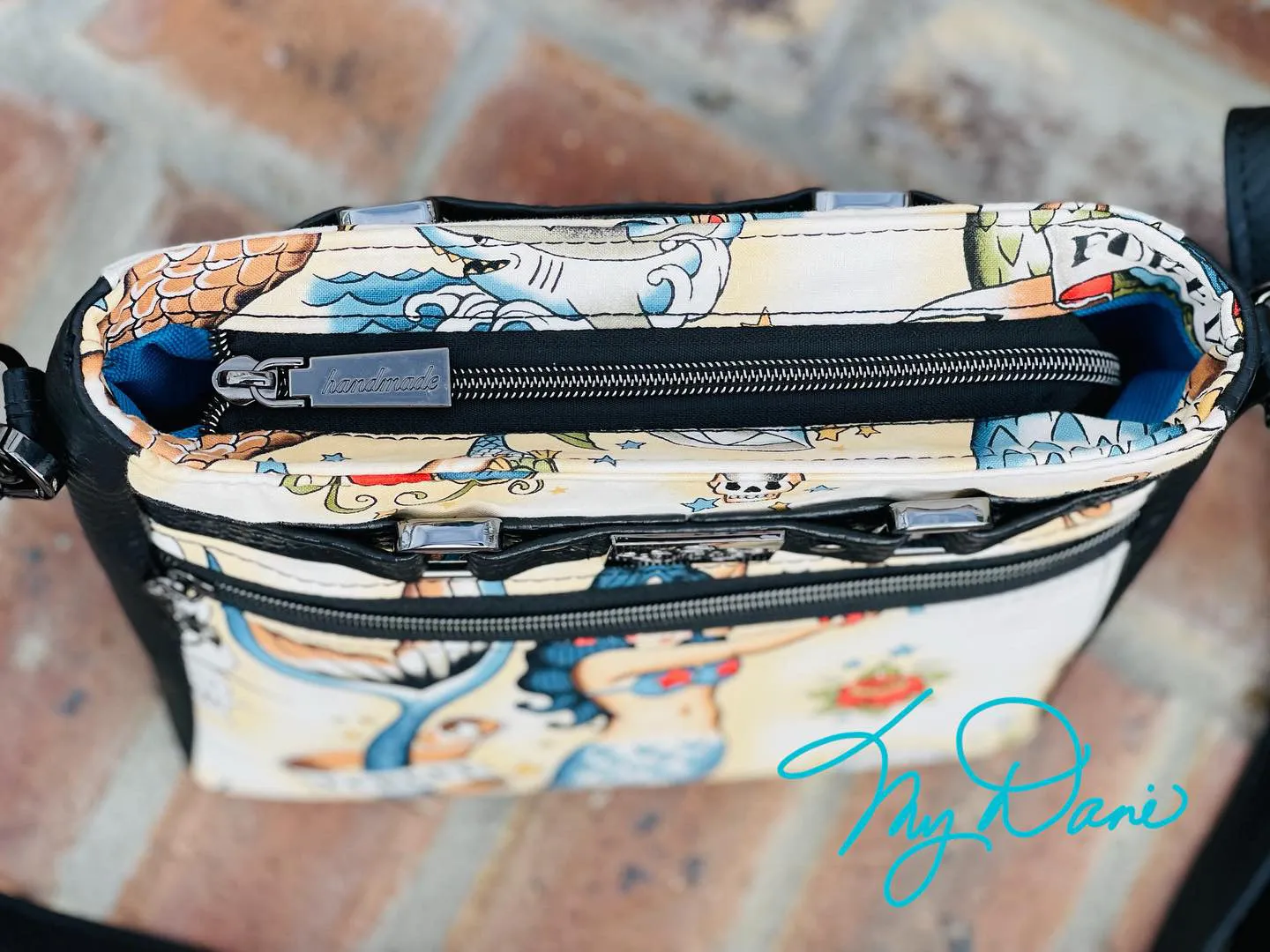 The Moxie Crossbody Handbag in Tan Mermaid and Black textured Marine Vinyl