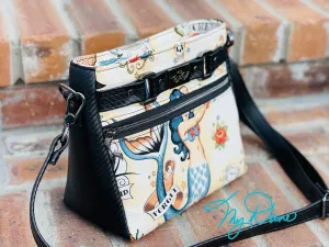 The Moxie Crossbody Handbag in Tan Mermaid and Black textured Marine Vinyl