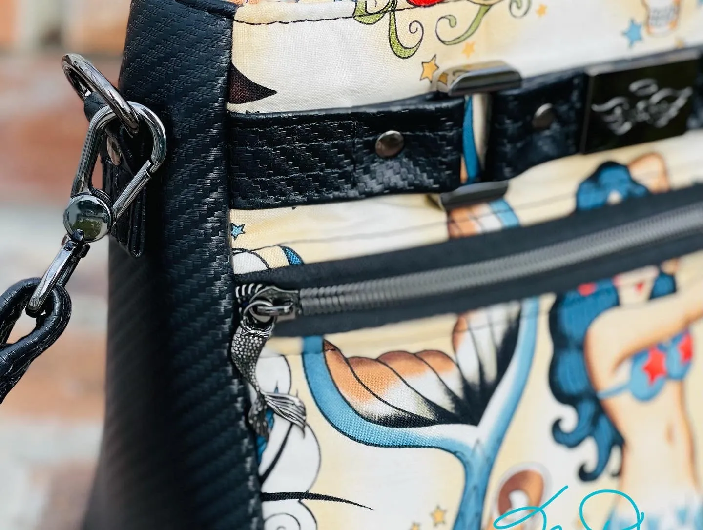 The Moxie Crossbody Handbag in Tan Mermaid and Black textured Marine Vinyl