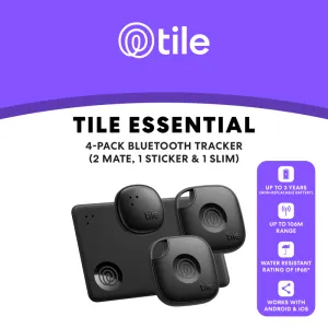 TILE ESSENTIAL 4-PACK (2024) BLUETOOTH TRACKING DEVICES - BLACK, 
 (2 MATE, 1 SLIM & 1 STICKER)