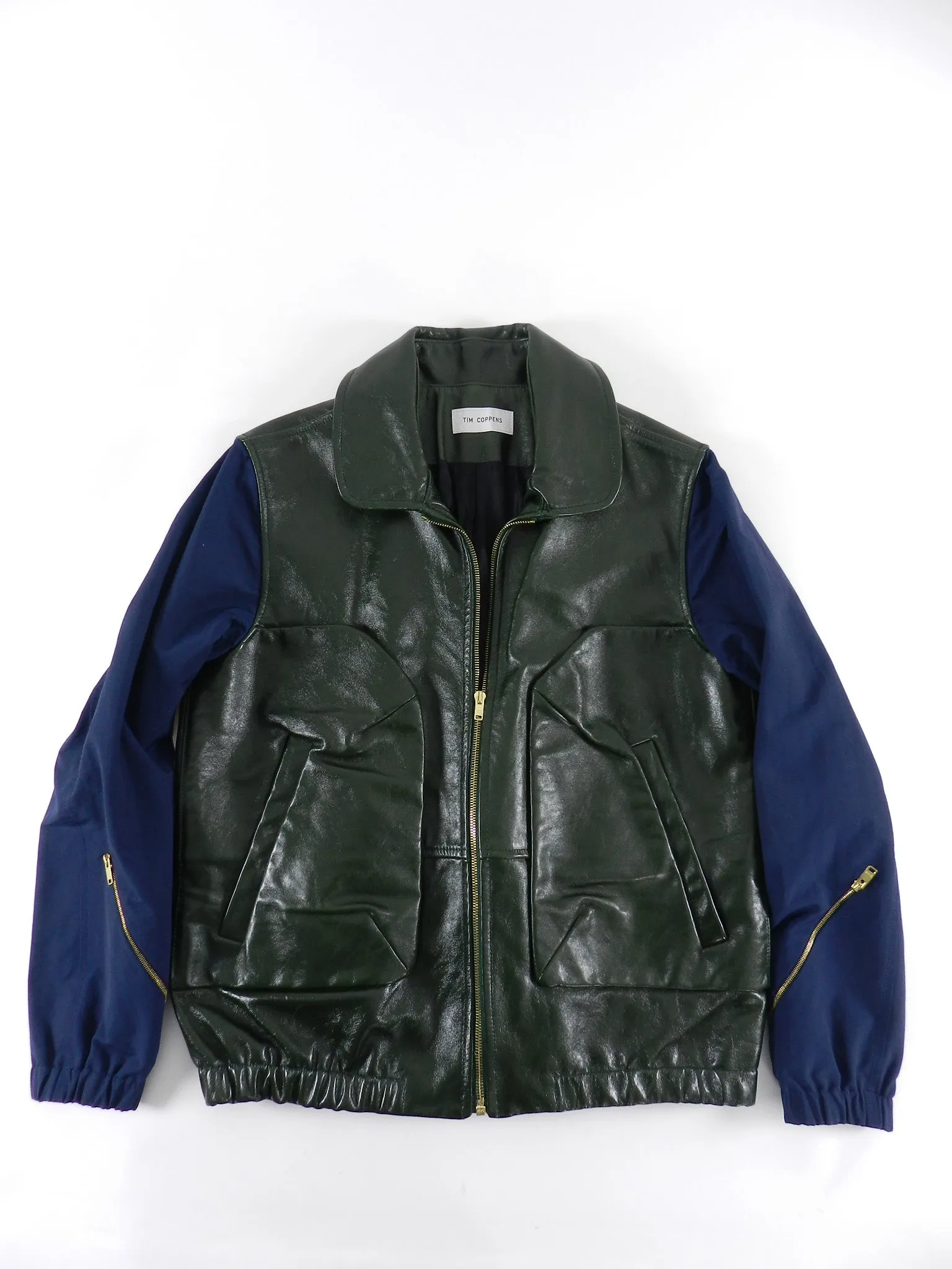 Tim Coppens Spring 2013 Runway Green Leather Jacket with Navy Sleeves - L