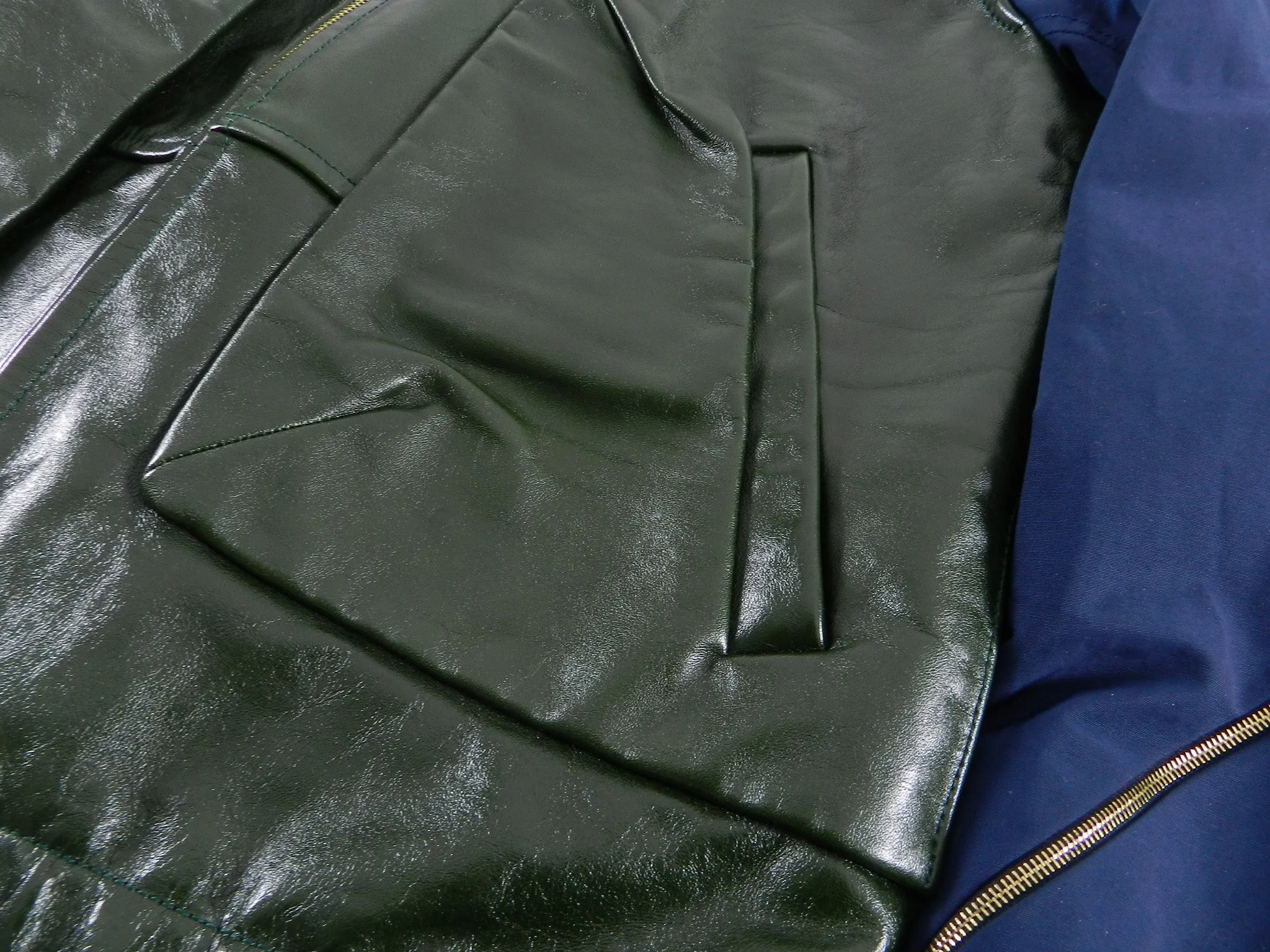 Tim Coppens Spring 2013 Runway Green Leather Jacket with Navy Sleeves - L