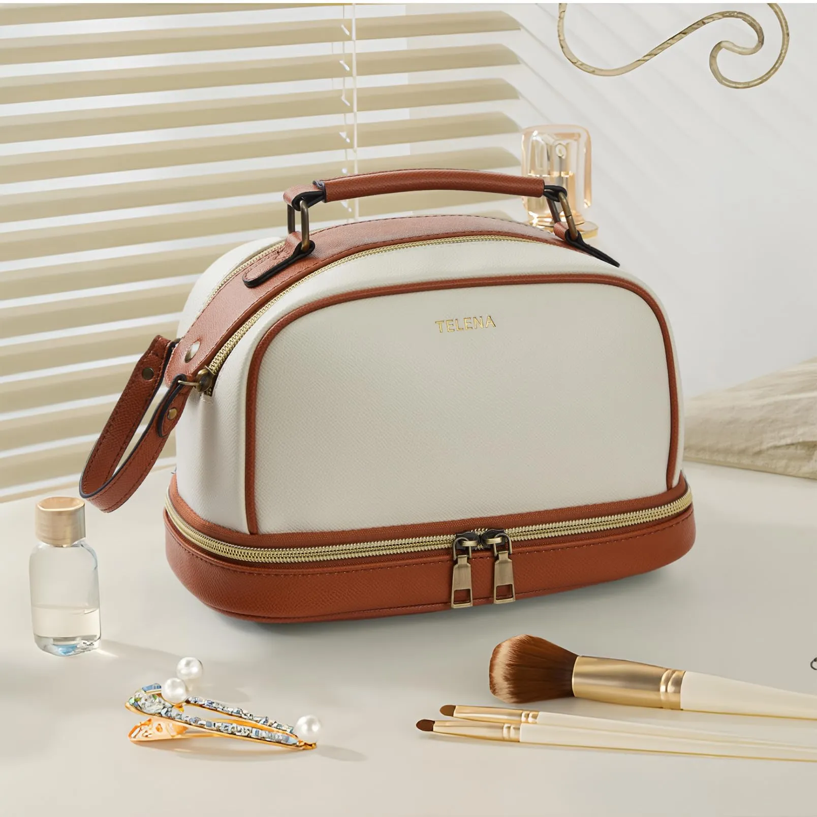 Travel Cosmetic Toiletry Makeup Bag - Multifunctional Essentials Organizador,Water Resistant Accessories for Women & Girls,Portable Toiletries kits,Beige Withe