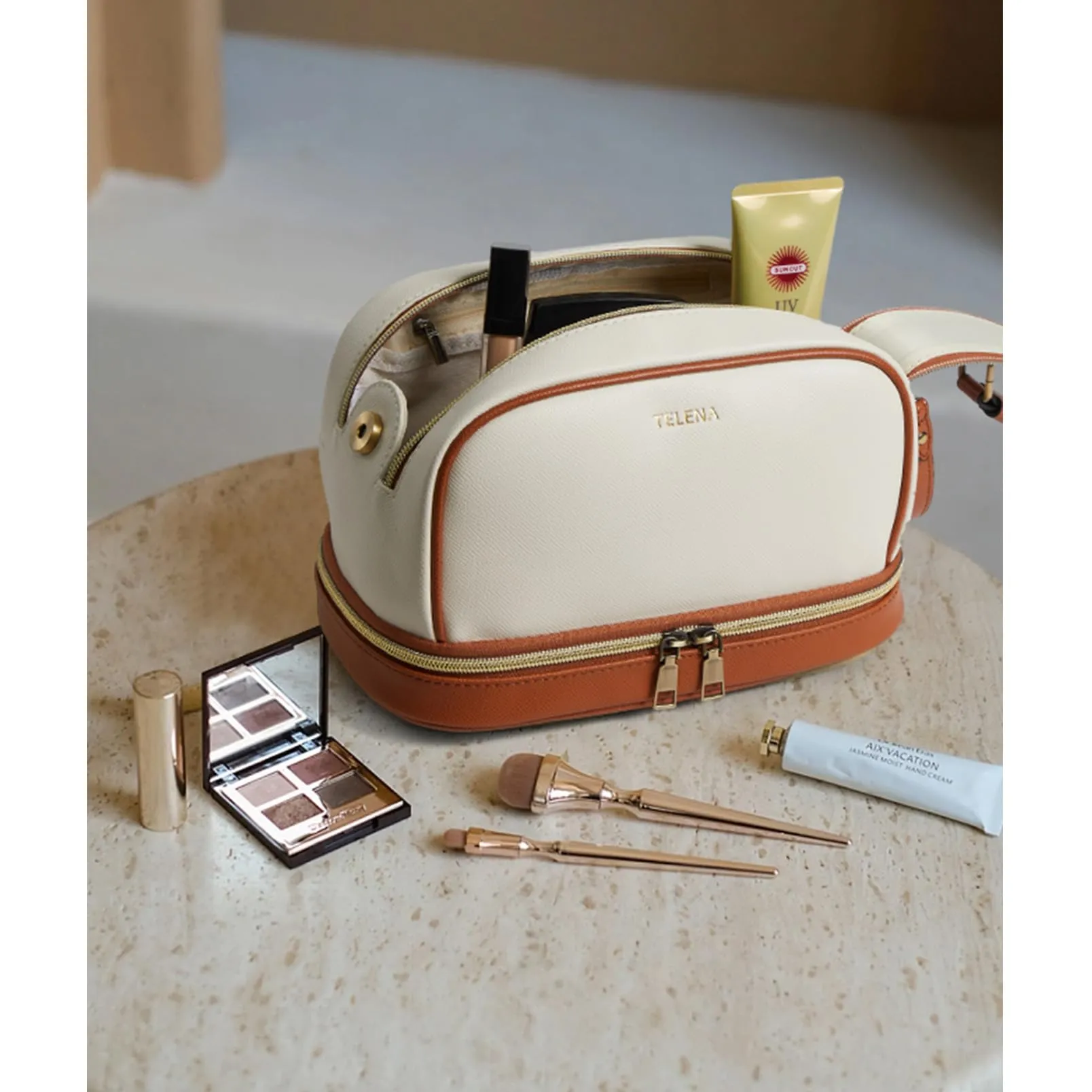 Travel Cosmetic Toiletry Makeup Bag - Multifunctional Essentials Organizador,Water Resistant Accessories for Women & Girls,Portable Toiletries kits,Beige Withe