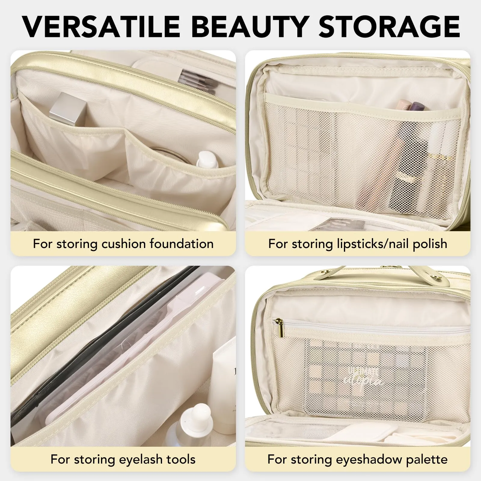 Travel Makeup Bag Women's Large Capacity Cosmetic Portable Organizer Large Opening Waterproof Storage Toiletry Bags Vertical Free-Standing Brush Holder for Easy Access Gold