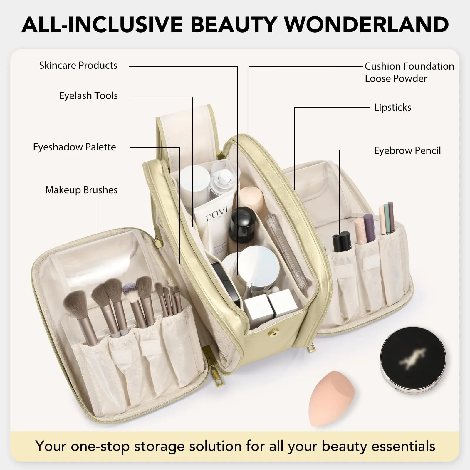 Travel Makeup Bag Women's Large Capacity Cosmetic Portable Organizer Large Opening Waterproof Storage Toiletry Bags Vertical Free-Standing Brush Holder for Easy Access Gold