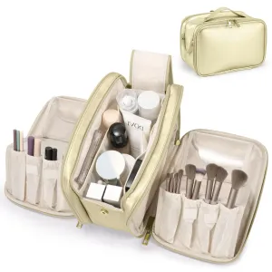 Travel Makeup Bag Women's Large Capacity Cosmetic Portable Organizer Large Opening Waterproof Storage Toiletry Bags Vertical Free-Standing Brush Holder for Easy Access Gold