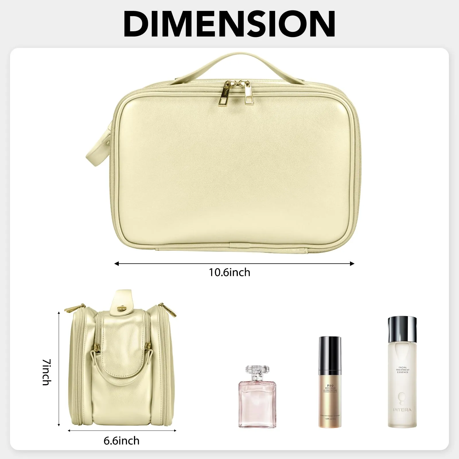 Travel Makeup Bag Women's Large Capacity Cosmetic Portable Organizer Large Opening Waterproof Storage Toiletry Bags Vertical Free-Standing Brush Holder for Easy Access Gold