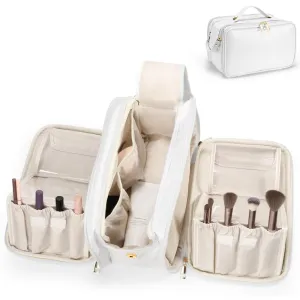 Travel Makeup Bag Women's Large Capacity Cosmetic Portable Organizer Waterproof Large Opening Storage Toiletry Bags Vertical Free-Standing Brush Holder for Easy Access（White）