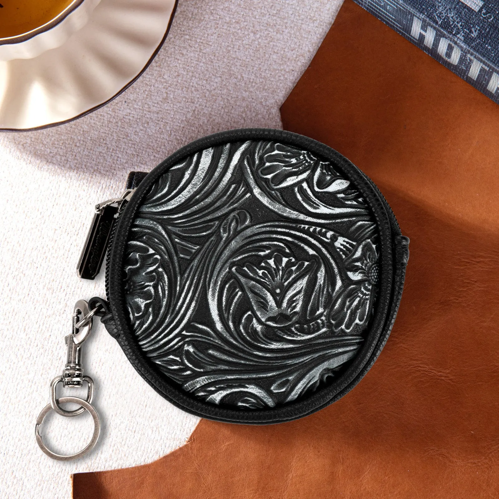 WG116-003  Wrangler Floral Tooled Circular Coin Pouch Bag Charm - Black