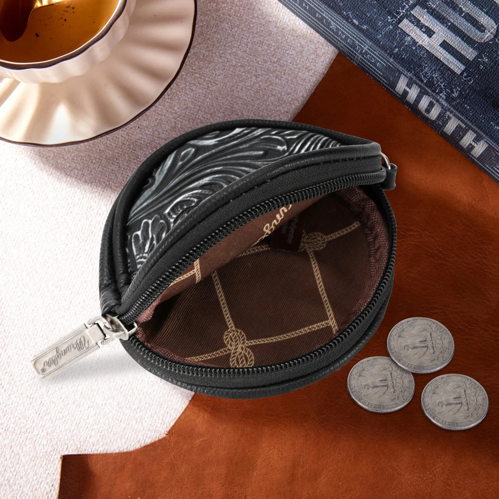 WG116-003  Wrangler Floral Tooled Circular Coin Pouch Bag Charm - Black