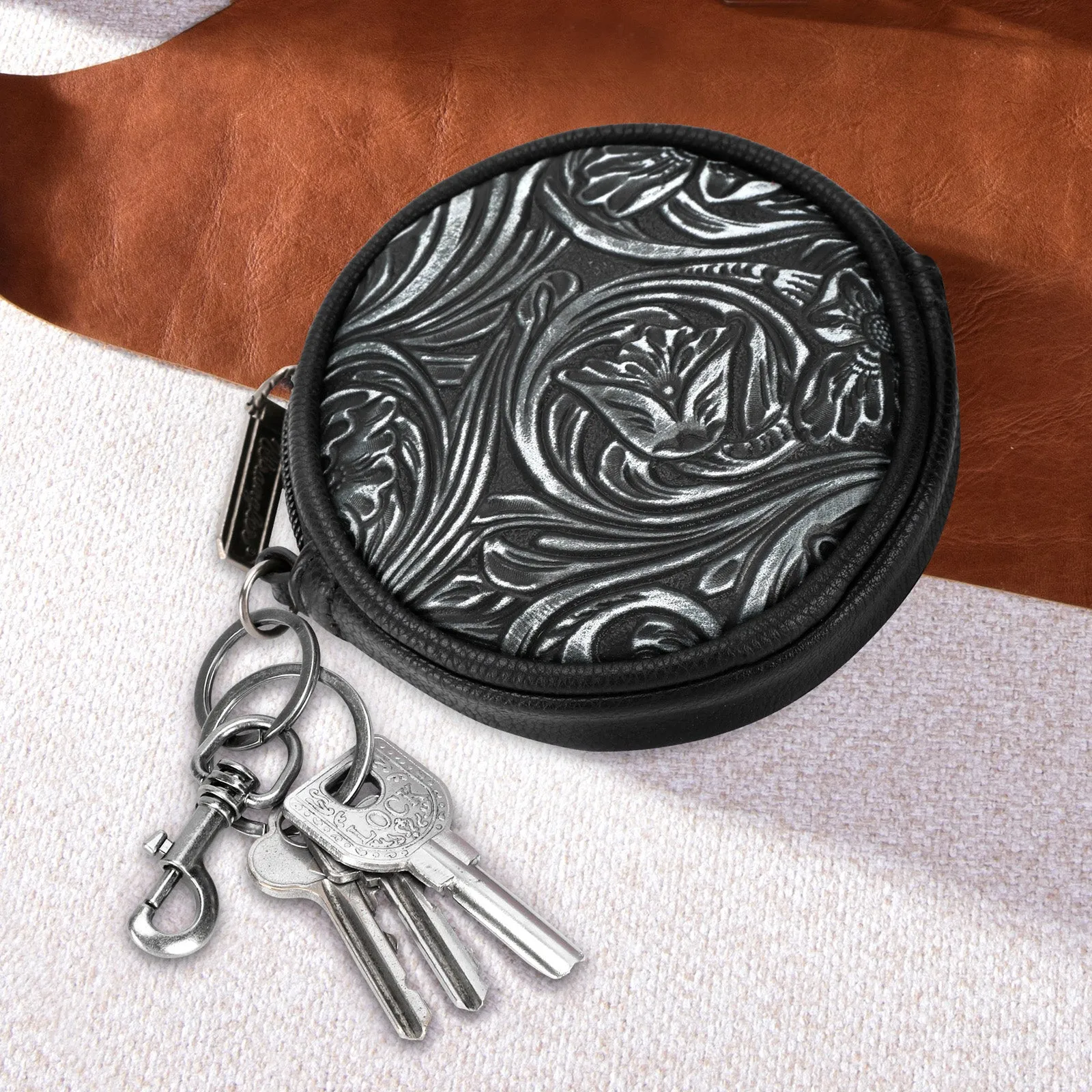 WG116-003  Wrangler Floral Tooled Circular Coin Pouch Bag Charm - Black