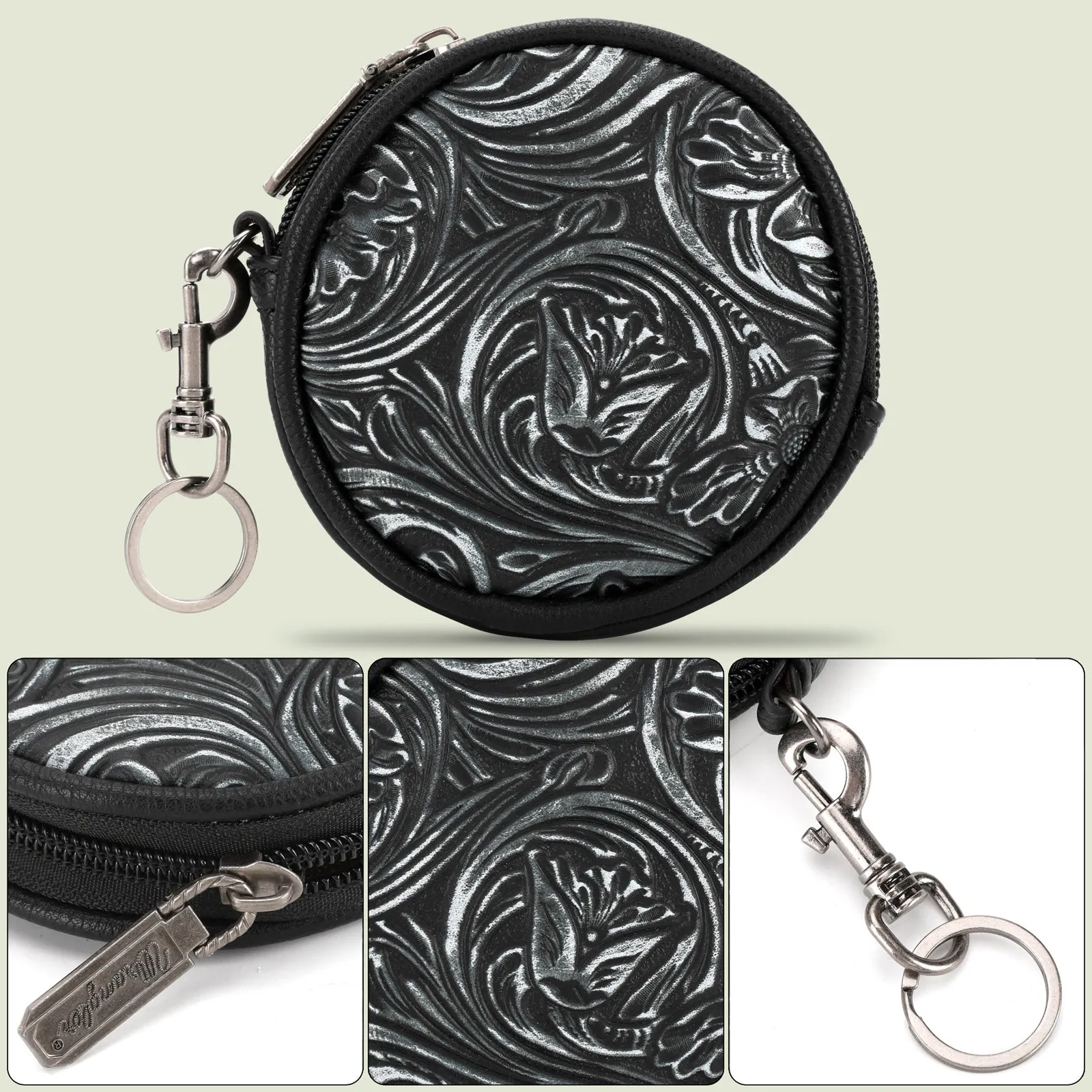 WG116-003  Wrangler Floral Tooled Circular Coin Pouch Bag Charm - Black