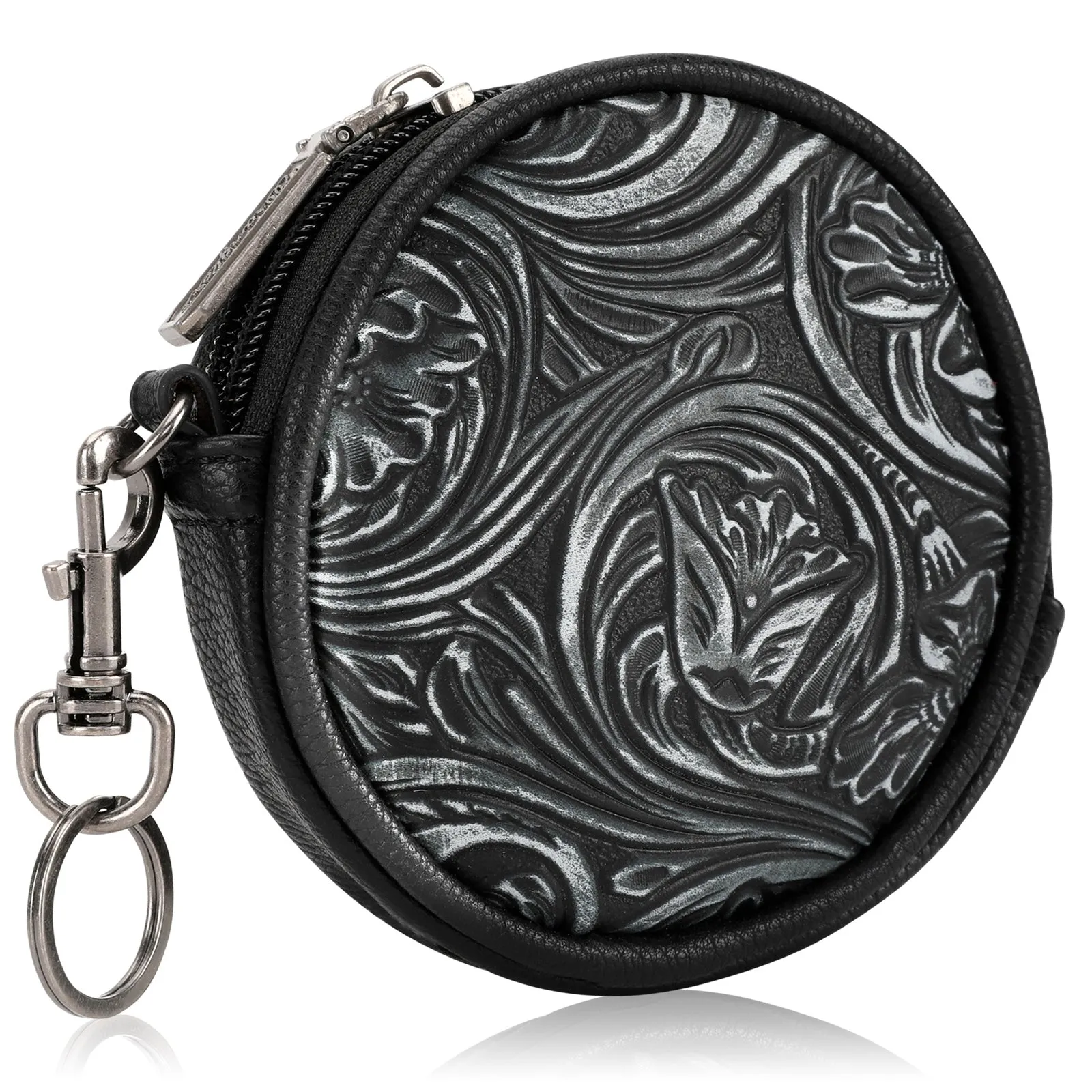 WG116-003  Wrangler Floral Tooled Circular Coin Pouch Bag Charm - Black