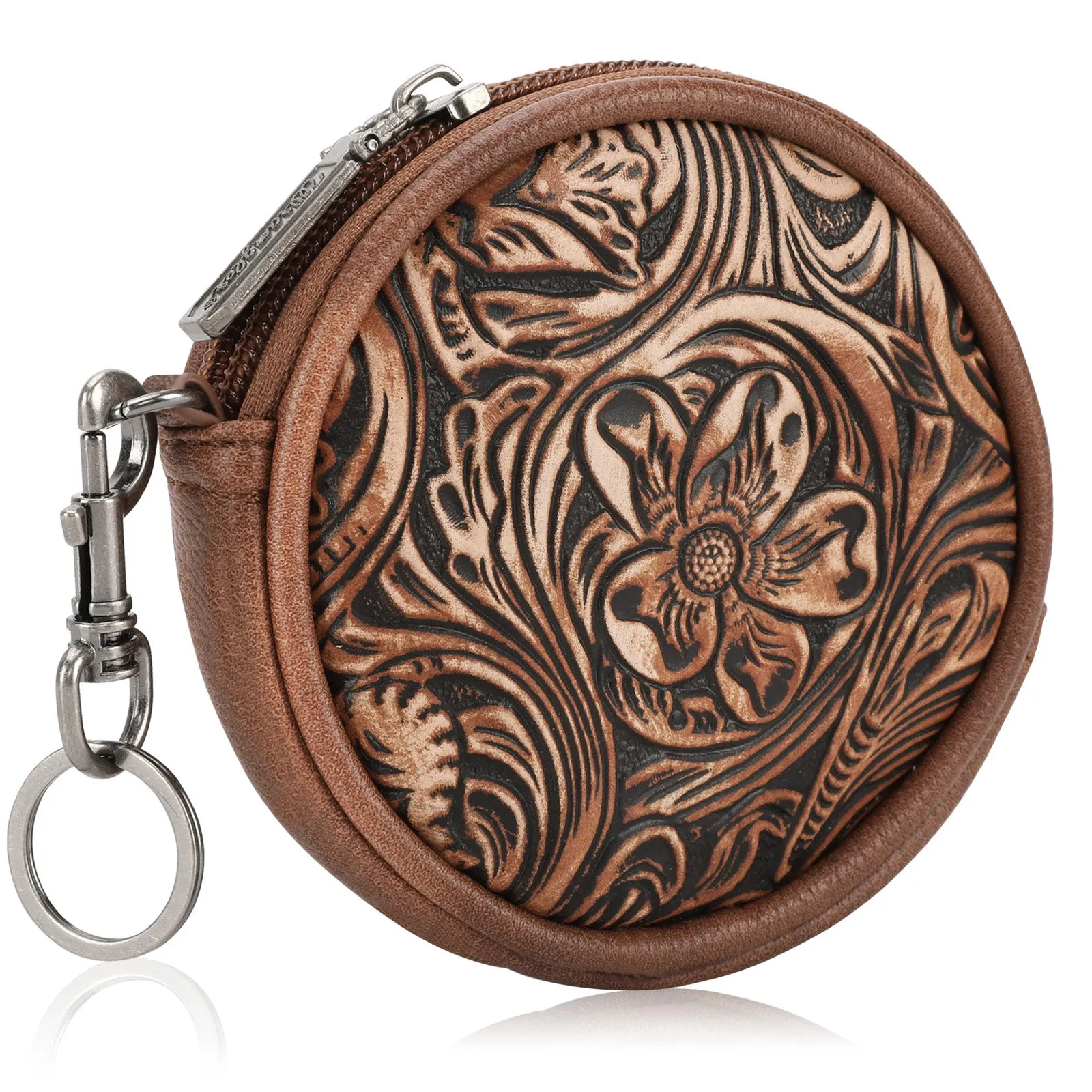 WG116-003  Wrangler Floral Tooled Circular Coin Pouch Bag Charm - Brown