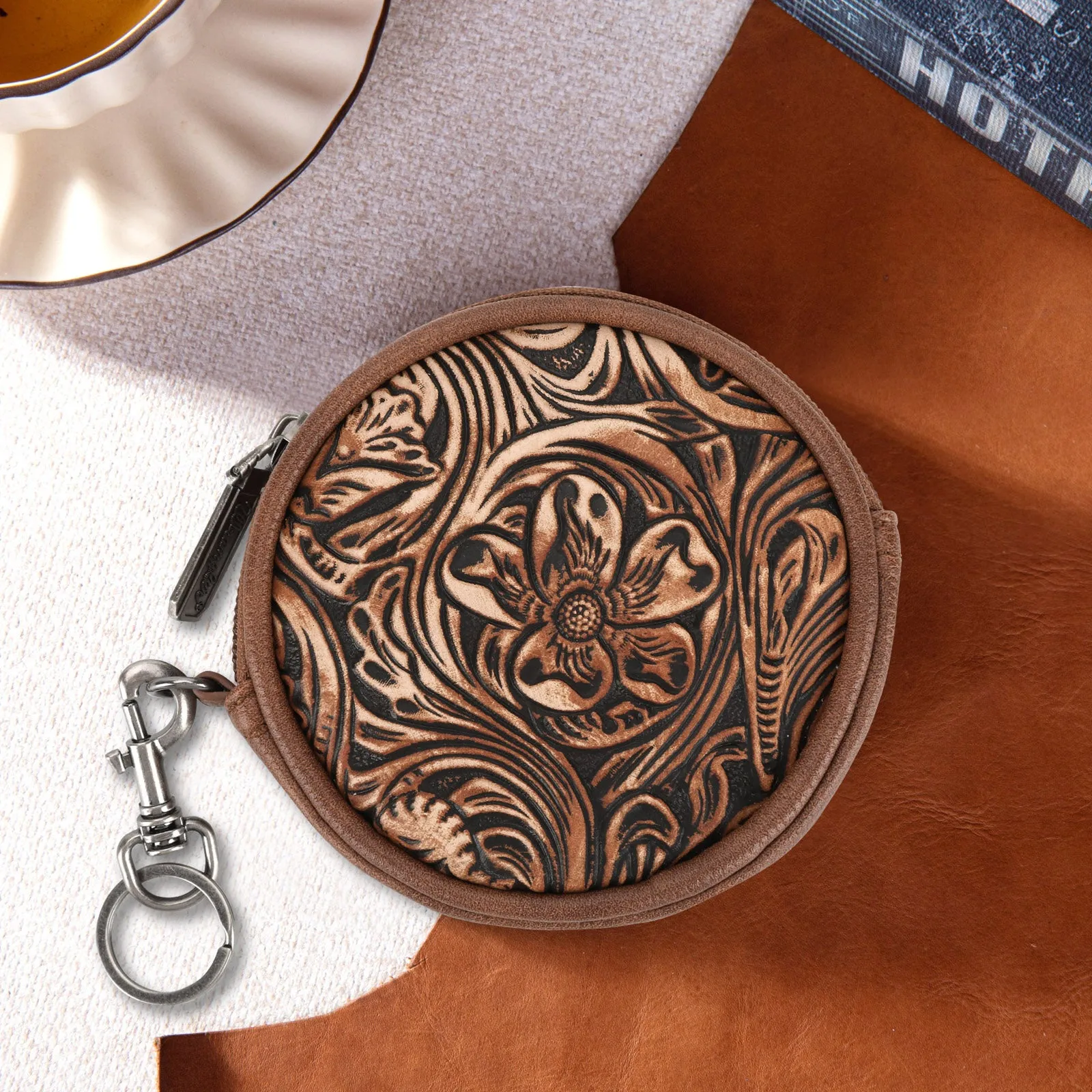 WG116-003  Wrangler Floral Tooled Circular Coin Pouch Bag Charm - Brown