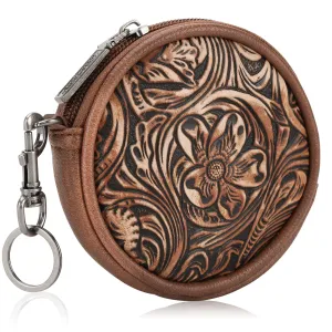 WG116-003  Wrangler Floral Tooled Circular Coin Pouch Bag Charm - Brown