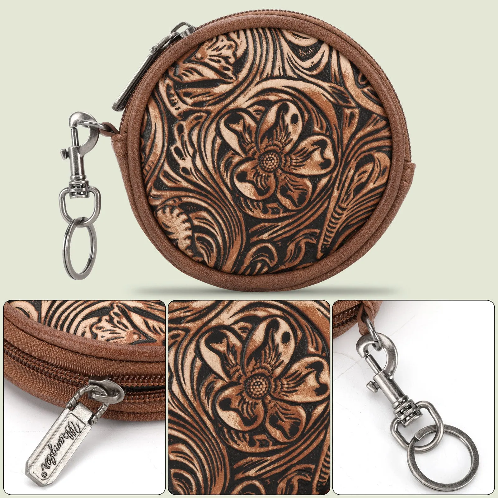 WG116-003  Wrangler Floral Tooled Circular Coin Pouch Bag Charm - Brown