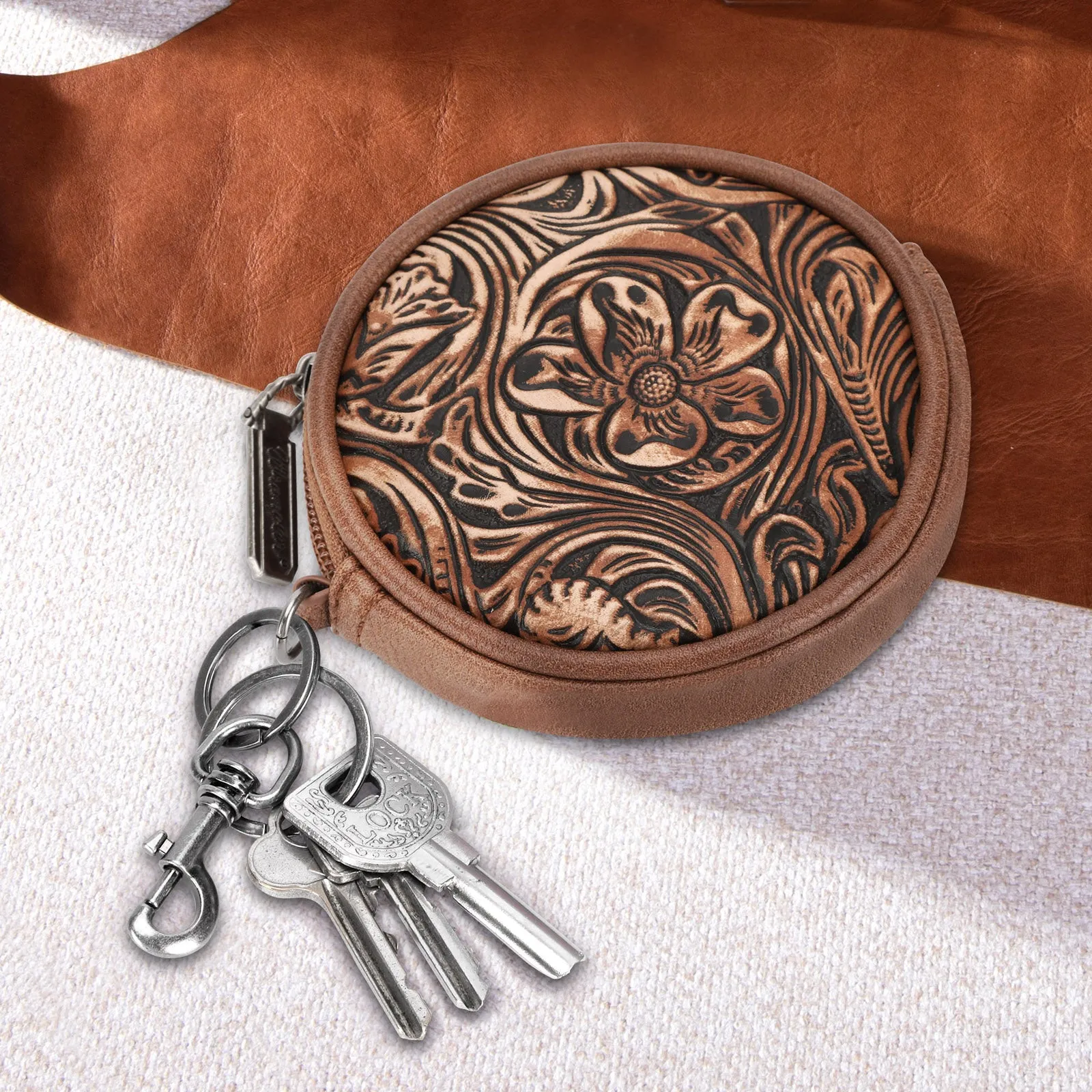 WG116-003  Wrangler Floral Tooled Circular Coin Pouch Bag Charm - Brown