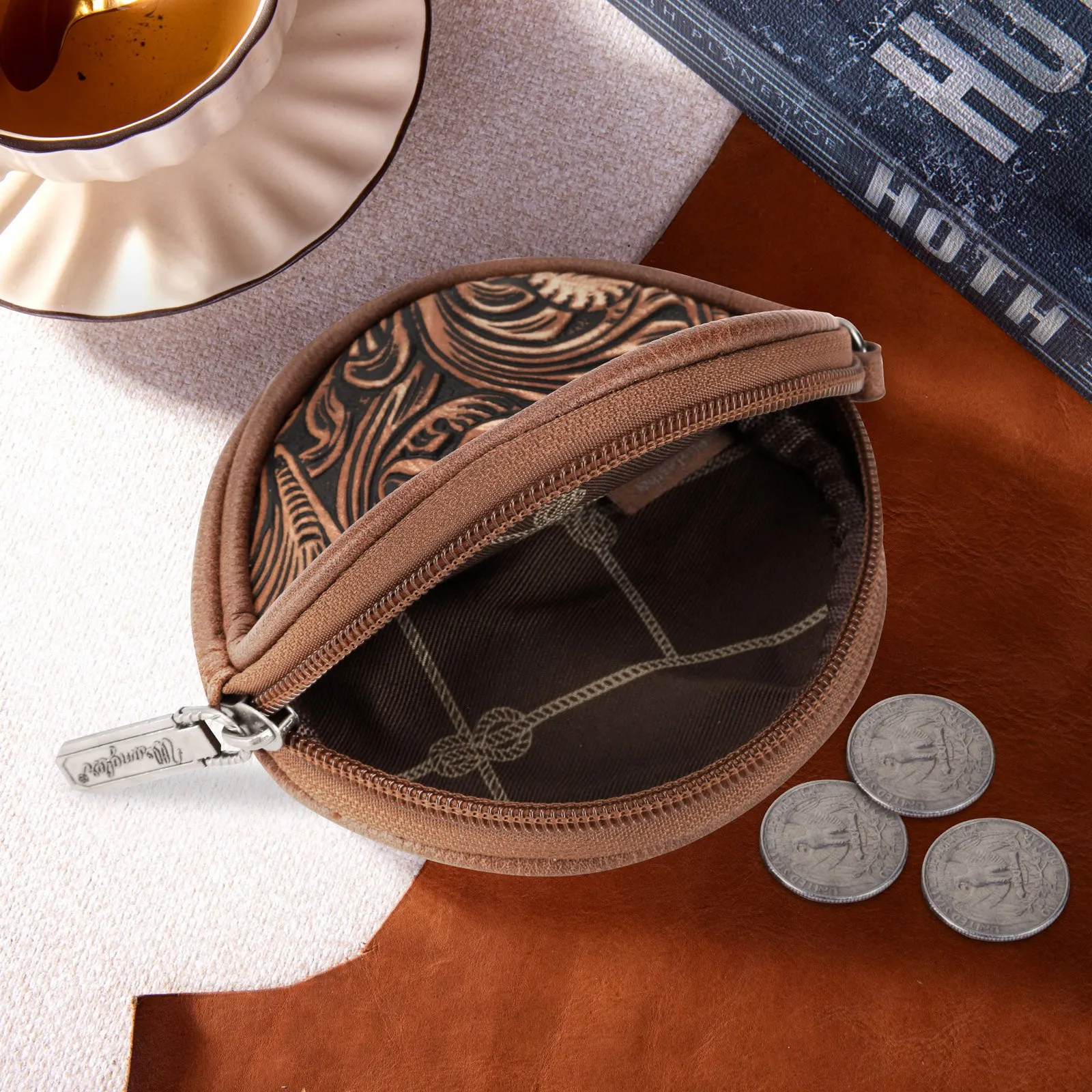 WG116-003  Wrangler Floral Tooled Circular Coin Pouch Bag Charm - Brown