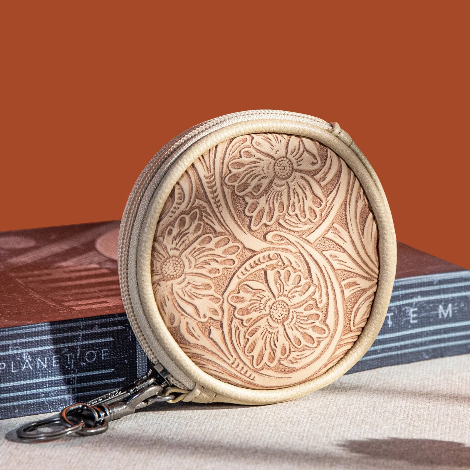 WG116-003  Wrangler Floral Tooled Circular Coin Pouch Bag Charm - Tan