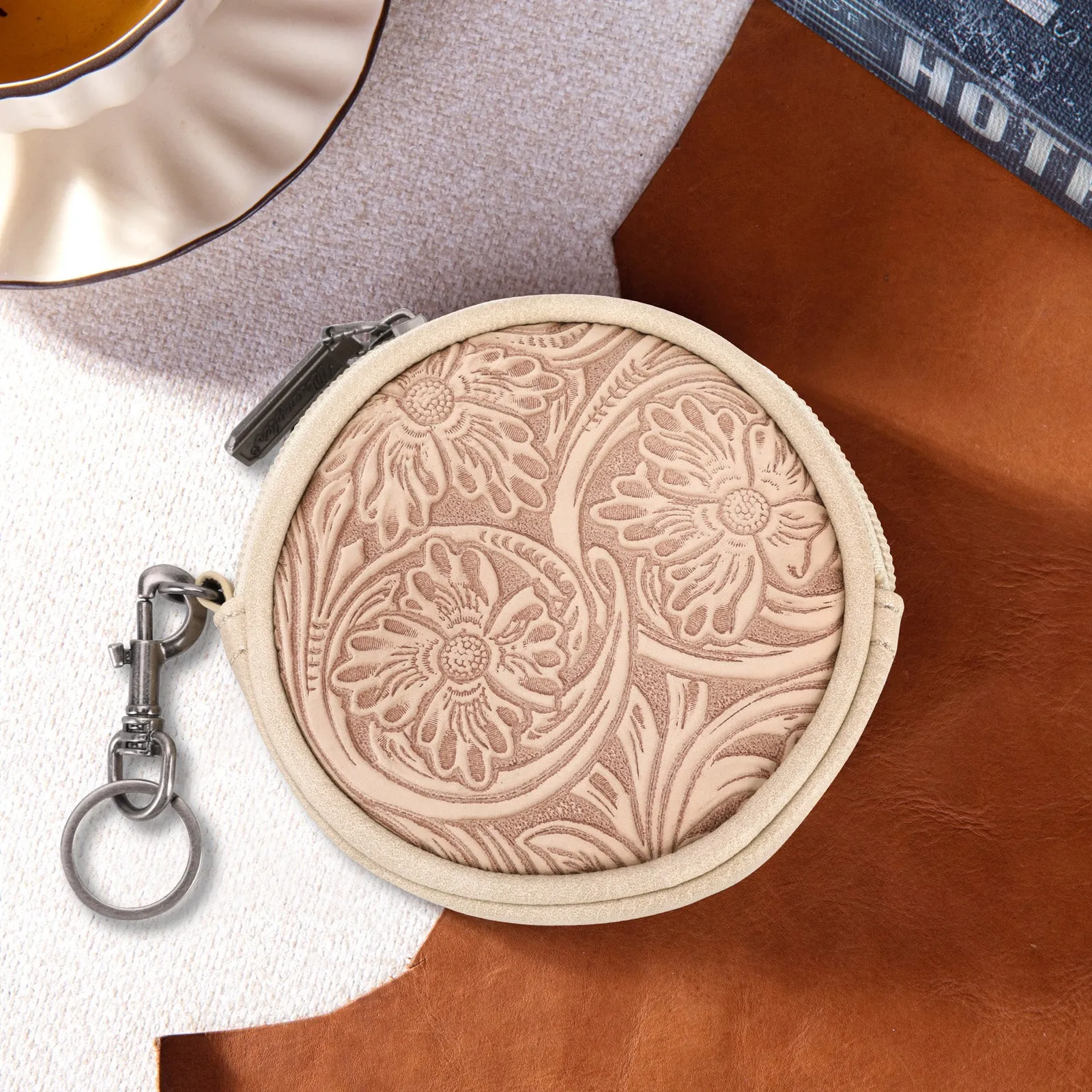 WG116-003  Wrangler Floral Tooled Circular Coin Pouch Bag Charm - Tan